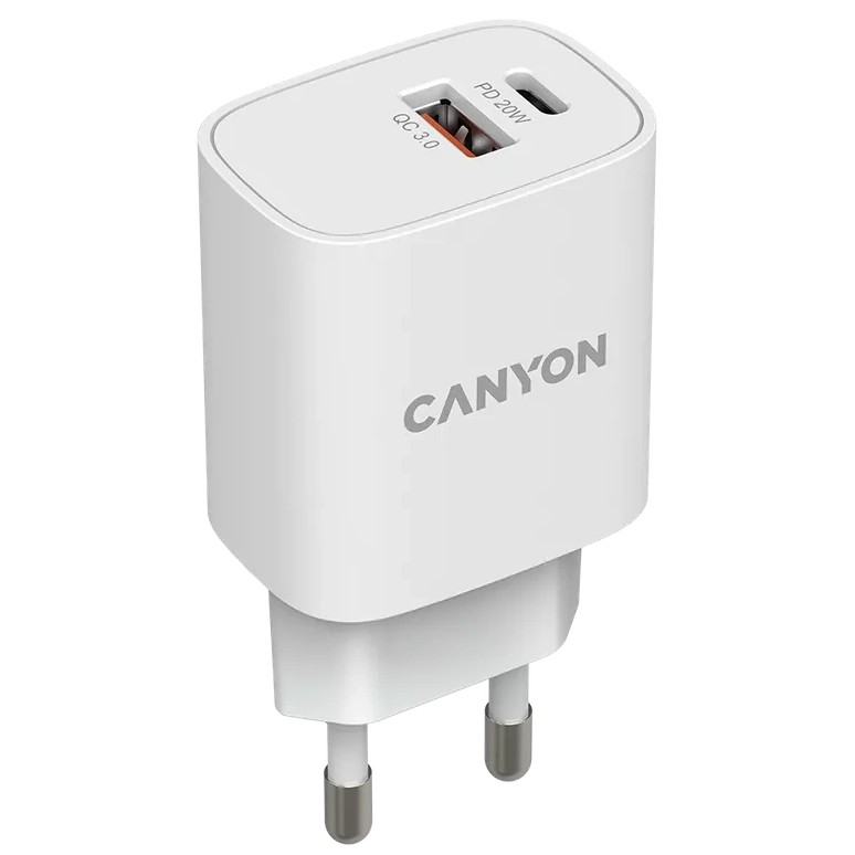 Сетевое зарядное устройство canyon canyon h-08 white (qc18w/pd 20w)