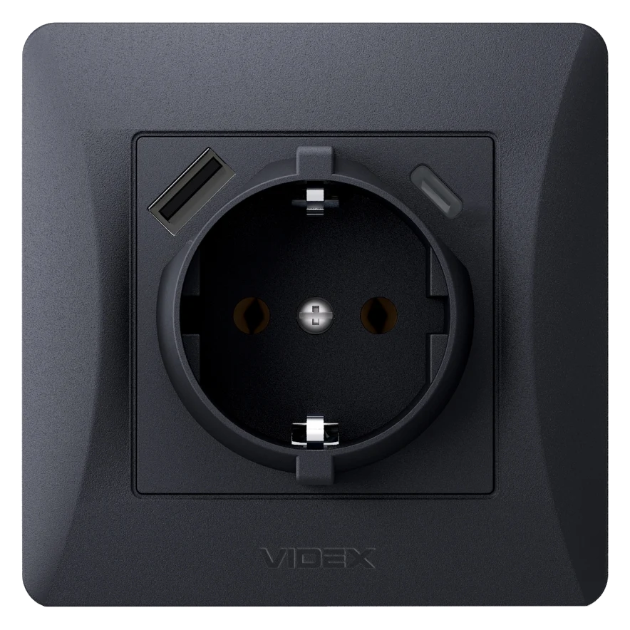 Розетка одинарная с заземлением с usb+usb-c черный графит videx videx binera